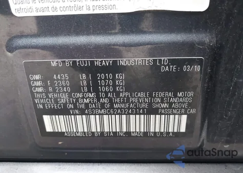 2010 Subaru Legacy 2.5I Premium z USA, uszkodzony, nr VIN 4S3BMBC62A3243141